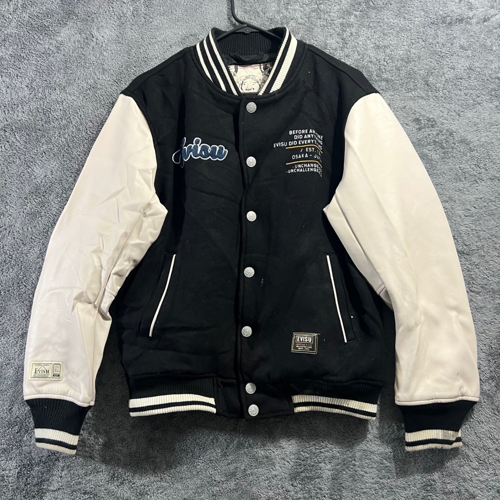 Evisu Heritage Varsity Jacket Black Cream Godhead Graphic Mens Small Lot 19 S91
